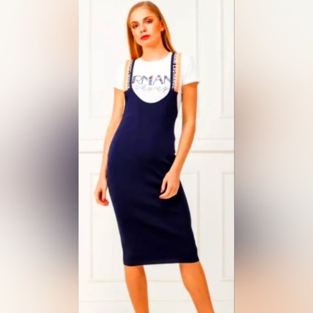 A | X ARMANI EXCHANGE NAVY BLUE STRETCHY DRESS WITH ORANGE NEON STRAPS LOGO NWOT - Picture 10 of 16
